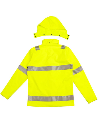 A bright yellow hooded softshell jacket featuring reflective strips and a detachable hood. Includes branding.