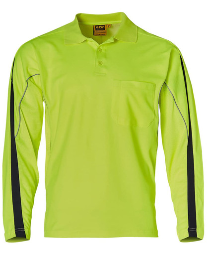 A long-sleeved hi-vis polo shirt in bright yellow with black accents and a pocket. It features a logo.