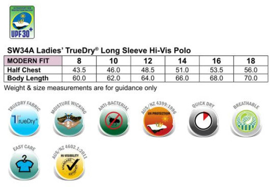 A chart displaying sizing information for a Ladies' Truedry Long Sleeve Hi-Vis Polo in various sizes, featuring a logo.