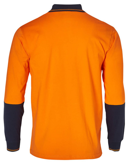 A long-sleeved safety polo in orange with navy blue sleeves, featuring a collar and a logo on the chest.