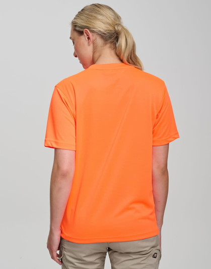 A high visibility orange safety tee with a simple design, featuring a logo on the back.