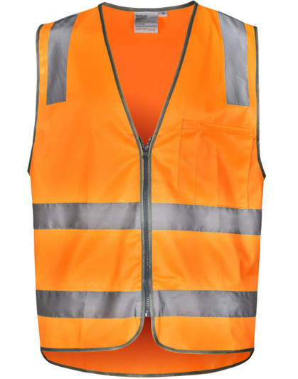 An orange safety vest with reflective silver strips and a front pocket, featuring a zip closure.