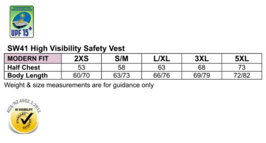 A table displaying size measurements for a high visibility safety vest, featuring a logo and a UPF rating.