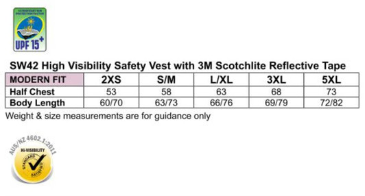 A high visibility safety vest in fluorescent yellow featuring reflective tape and an ID pocket. It includes size measurements.