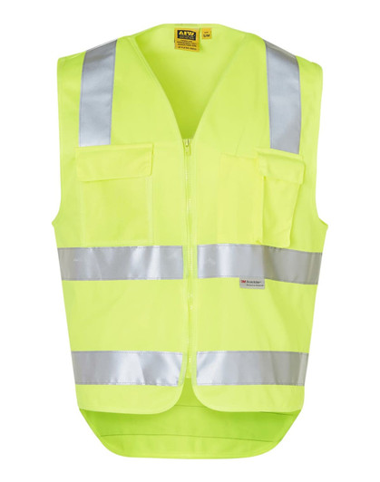 A bright yellow safety vest with reflective silver tapes and multiple pockets, featuring a logo.