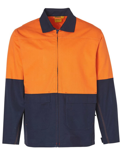 A two-tone work jacket featuring orange and navy blue colours, with a collar and front zip. It has pockets and a logo.