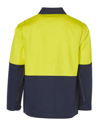 A Hi-Vis two-tone work jacket in bright yellow and navy blue, featuring a logo on the back.