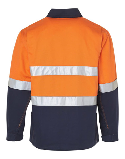 A Hi-Vis two-tone work jacket in orange and navy with reflective 3M tapes and a logo on the back.