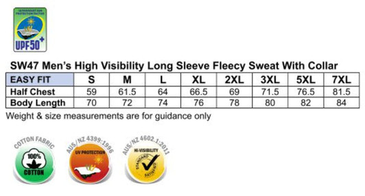 A table displaying sizing information for a high visibility, long sleeve, fleecy sweat with collar, featuring a logo.