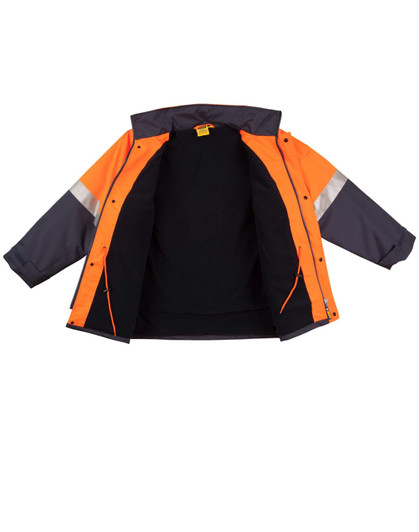 A Hi-Vis long line safety jacket in orange and grey, featuring reflective 3M tape and an open design.