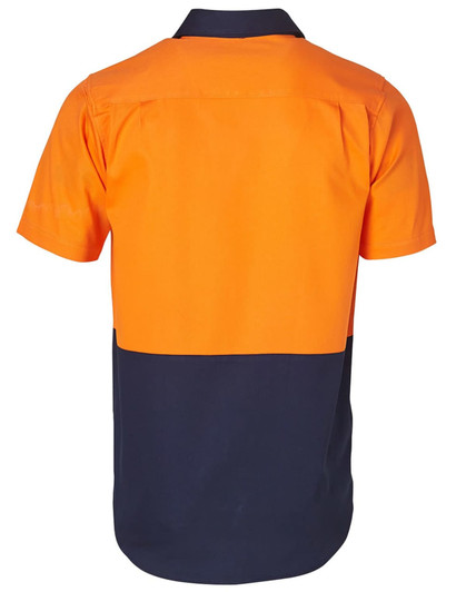 A two-tone short-sleeve cotton work shirt featuring orange and navy blue colours, with a logo on the back.