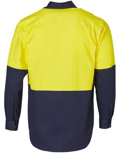 A Hi-Vis long sleeve cotton drill shirt in yellow and navy with a logo. Perfect for workwear.