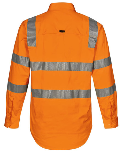 An orange safety shirt with reflective strips across the back. Features long sleeves and a collar. Includes a logo.
