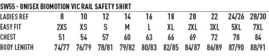 A chart detailing sizes, chest measurements, and body lengths for the Biomotion VIC Rail Safety Shirt, featuring various sizes.