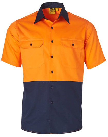 A Hi-Vis short-sleeve cotton work shirt featuring a two-tone design in orange and navy blue, with a logo.