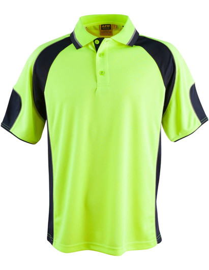 A bright yellow and dark navy polo shirt featuring contrast sleeve panels and a collar. Includes a logo.