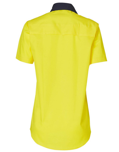 A bright yellow short-sleeved safety shirt with a navy collar, featuring a logo on the back.
