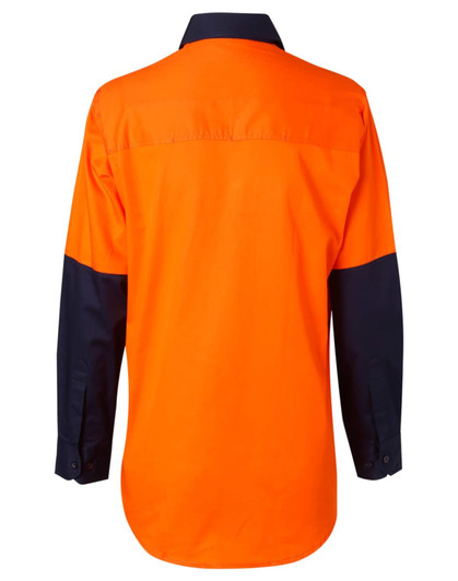 An orange and navy long-sleeve safety shirt featuring a collar and buttoned cuffs, with a logo on the front.