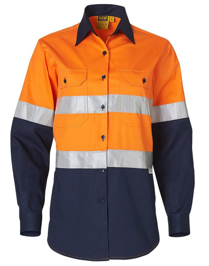 A long-sleeve safety shirt in orange and navy, featuring reflective 3M tape and a logo on the chest.