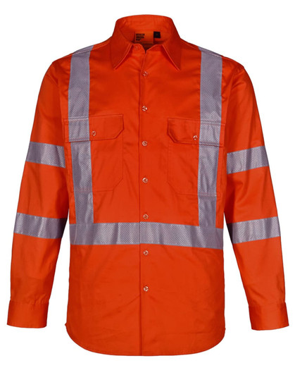 An orange work shirt featuring reflective strips and two front pockets. It has a collar and long sleeves.
