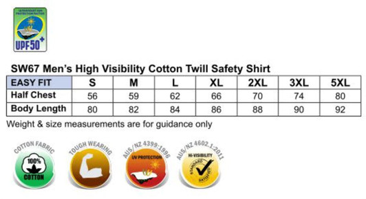 A high visibility long-sleeve cotton safety shirt in two tones, featuring a logo and various size measurements.