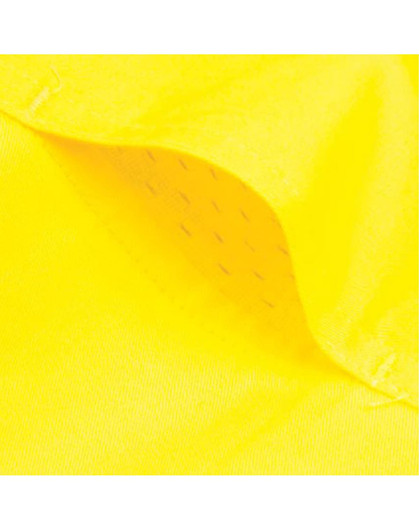 A close-up of vibrant yellow fabric, showcasing a breathable weave, suitable for safety shirts. Features a logo.