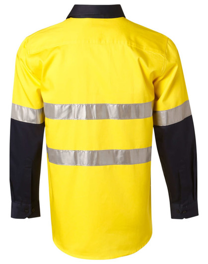 A yellow and navy long-sleeve safety shirt featuring reflective 3M tape stripes and a collar.