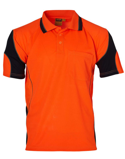 An orange and black polo shirt featuring a pocket and contrasting paneling, with a logo on the label.