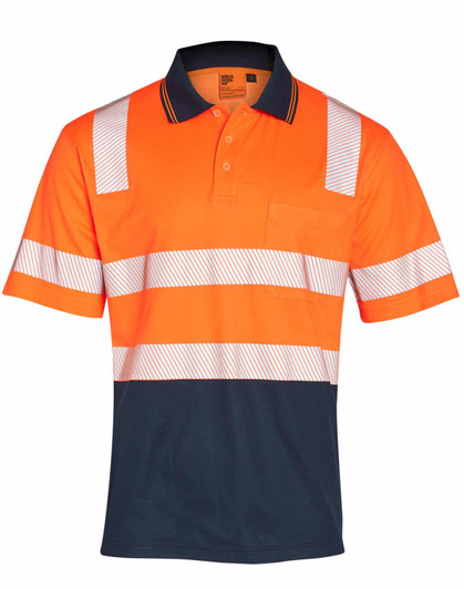 An orange and navy safety polo shirt with reflective stripes and a pocket, featuring a logo.