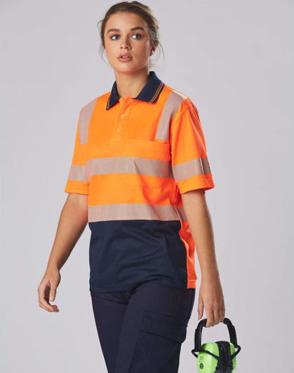 An orange and navy safety polo shirt with reflective stripes, featuring a logo on the chest.