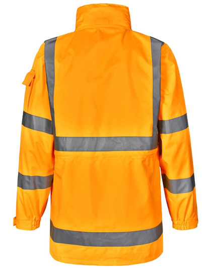 A bright orange safety jacket featuring reflective stripes and a high collar, with a logo on the front.