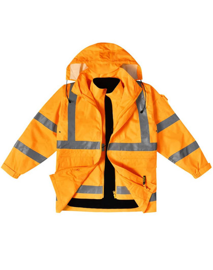 An orange safety jacket with reflective strips, featuring a hood and multiple pockets. It has a branding logo.