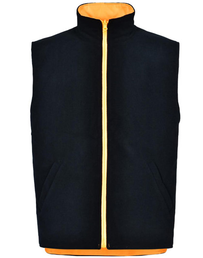 A black and orange safety jacket with a zip front and two side pockets, featuring a logo.