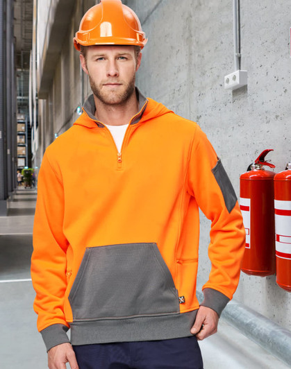 A Hi-Vis orange and grey fleece hoodie with a half-zip and logo, worn by a man in a safety helmet.