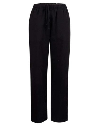 Black fleecey track pants featuring an elastic waistband and drawstring, designed for comfort and casual wear.