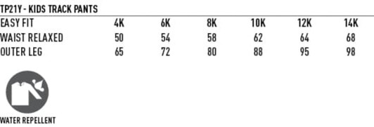 A pair of kids' track pants in black with a logo. Features a water-repellent design.