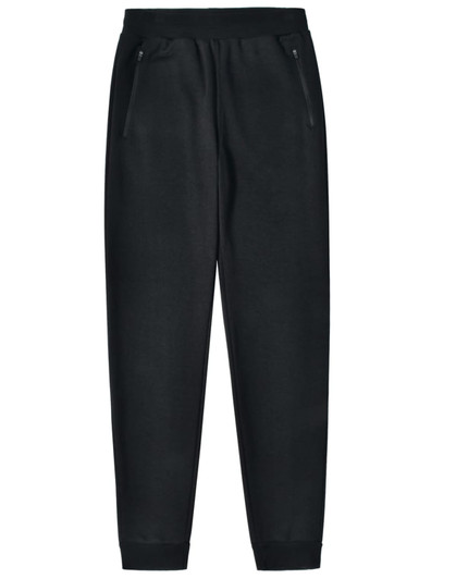 Adults' poly/cotton terry sweat pants in black, featuring zippered pockets and a tapered fit.