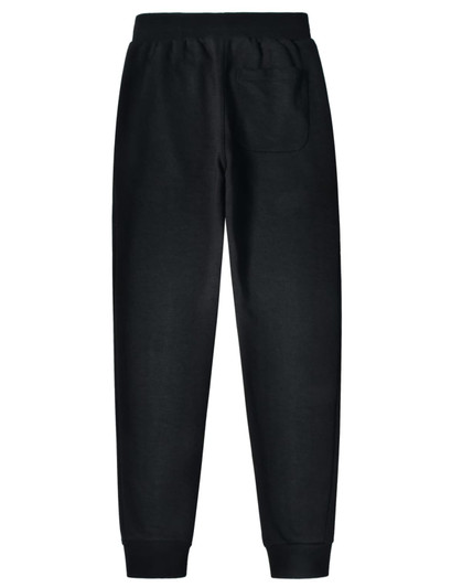 Black kids' poly/cotton terry track pants with an elastic waistband and a single back pocket. Features a logo.