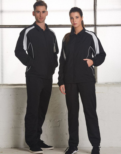 A black track jacket for adults featuring white accents, accompanied by matching black track pants. Includes a logo.