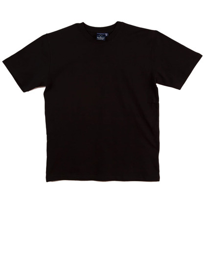 A black premium tee t-shirt with short sleeves and a round neckline. The shirt features a logo on the label.