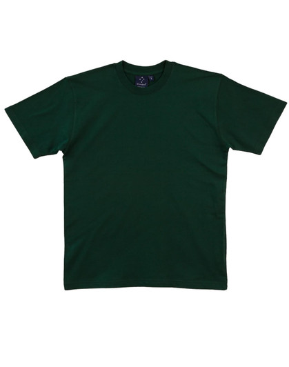 A green premium tee positioned flat, featuring a logo at the neckline.