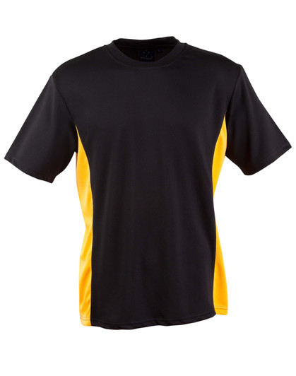 A black and yellow short sleeve contrast tee featuring a logo on the chest area.