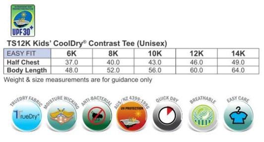 A chart detailing size measurements for a unisex kids' Cooldry contrast tee, featuring various icons for fabric properties.