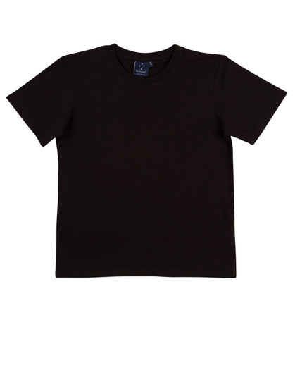 A black men's fitted stretch tee with a round neckline and short sleeves, featuring a logo on the label.
