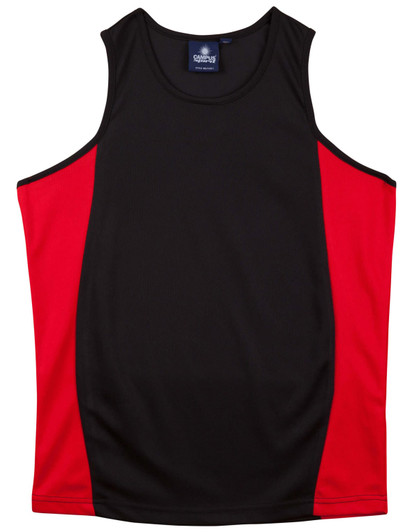 A black and red kid's singlet featuring contrast mesh panels and a logo on the inside.