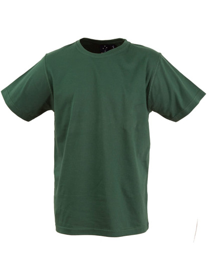 A green unisex cotton t-shirt with a classic crew neck and short sleeves. It features a logo on the label.