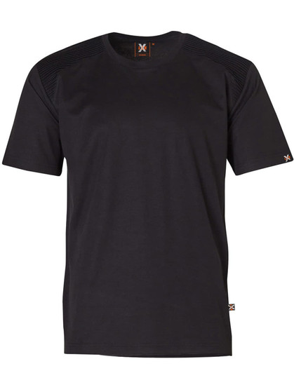 A short-sleeve black work t-shirt featuring textured shoulder detailing and a small logo.