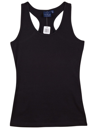 A black ladies' fitted stretch singlet featuring a racerback design and a tag.