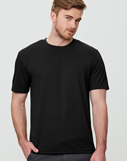 A black short sleeve tee for men, featuring a simple design and a logo on one side.