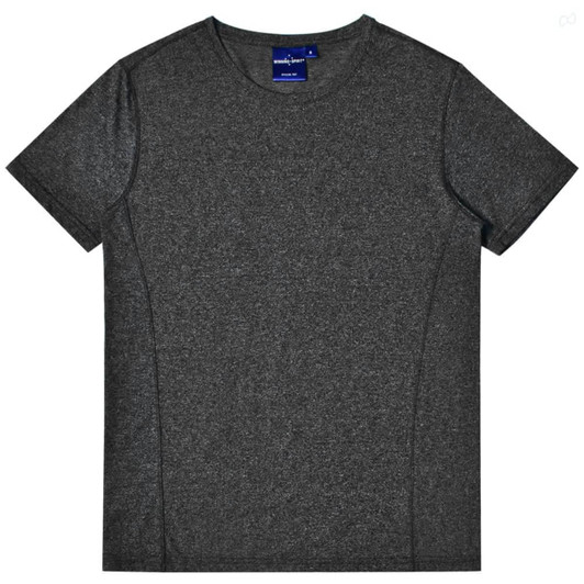 A grey heather short-sleeve T-shirt with a smooth texture and a logo on the neckline.